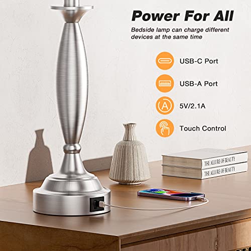 White Gold Lamps for Bedrooms Set of 2 - Touch Control Bedside Lamp with USB C+A, 3 Way Dimmable Nightstand Lamps with USB Port, Table Lamp for Living Room(White Shade and Gold Base)
