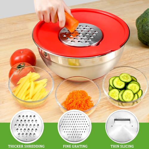 Eallpha Mixing Bowls with Lids Set Airtight, 6 Piece Stainless Steel Nesting Bowls with 4 Grater Attachments, Non Slip Bottoms Kitchen Cooking and Serving Food, Size 5.5, 4, 2.5, 2.1, 1.5, 1.2 QT