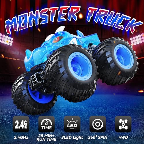 AUUGUU Remote Control Car, 2.4GHz Monster Trucks Toys with Light Spray, Brithday Gift for Kids 3 4 5 6 7 8, All Terrain RC Cars, Toddler Toys for Boys Girls 3+ Year Old