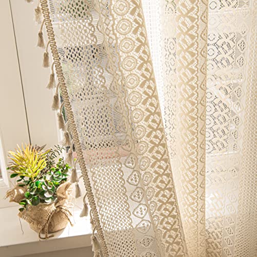 Sutuo Home White Boho Curtains 2 Panels 96 Inches Length for Bedroom Living Room Patio, Window Treatments Bohemian Sheer Knitted Crochet Lace Vintage Drapes Pair Tassels, Rod Pocket, 52" x 96"