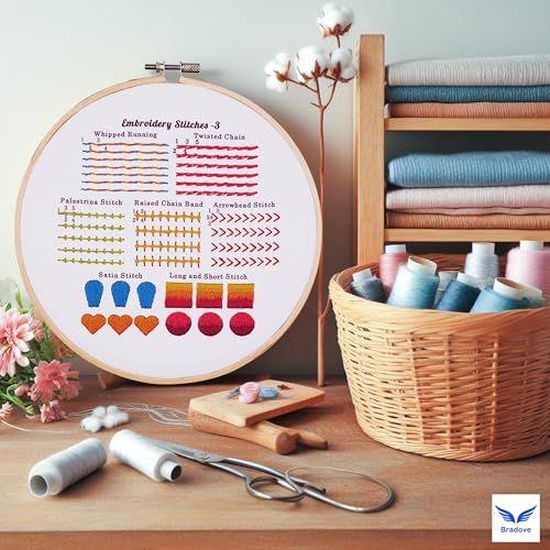Bradove 4 Sets Embroidery Stitches Practice Kit, Embroidery Kit for Beginners with Embroidery Patterns, Beginner Embroidery Kit, Embroidery Kits for Adults, Hand Embroidery Kit for Kids