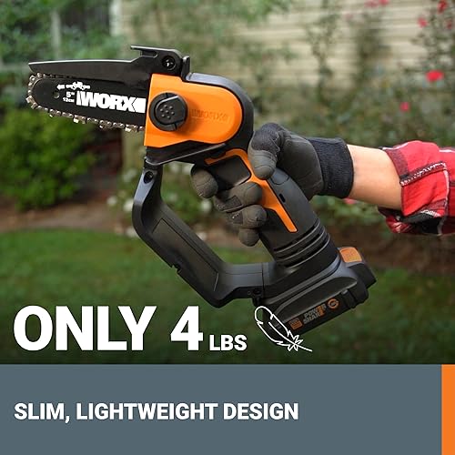 Worx 20V 5" Mini Cordless Chainsaw, 3.9 lbs, 22 ft/s Chain Speed, Power Share Battery, Upper & Hand Guard WG324 - Battery & Charger Included
