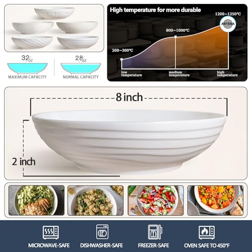 Artena Pasta Bowls 32oz, Ceramic Large Salad Bowls 8 inch, Soup Bowls Set of 4, White Serving Bowls for Entertaining, Wide Shallow Dinner Bowls Plates, Microwave Dishwasher Oven Safe, Embossed Circle