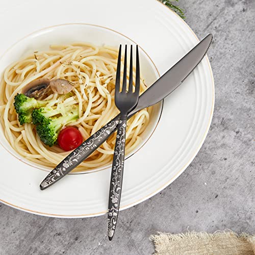 Xingjiake 12-piece Black Silverware Set, Flower Pattern Fancy Knife Spoons And Forks Set, Stainless Steel Flatware Cutlery Set, Serving Utensil Set With Steak Knives Fork Spoons Silverware