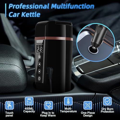 Car Electric Kettle: 12V/24V Portable Water Boiler Heated Travel Mug,Multiple Temperature Adjustable Coffee Tea Truck Cup with 304 Stainless Steel Dry Burn Protection & Handy Cup Bag