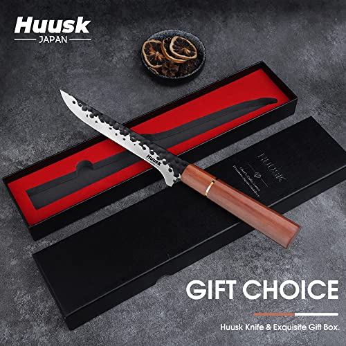 Huusk Japanese Paring Knife 5 Inch, Hand Forged Fruit Knife, High Carbon Steel Utility Kitchen Knife, Japanese Petty Chef Knife with Rosewood Handle, Small Peeling Knife for Vegetable, Gift for Dad