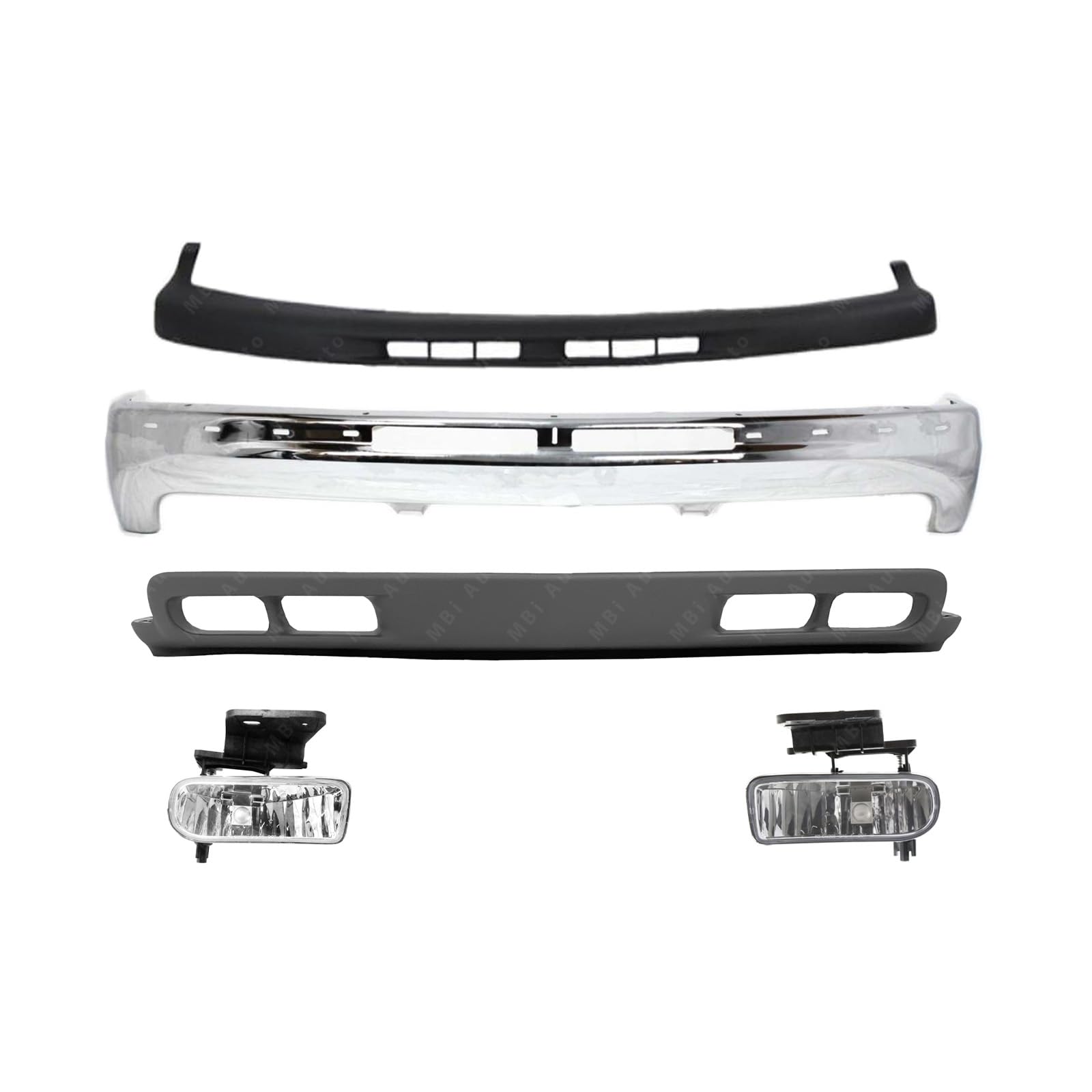 BUNDLE FOR 99-02 SILVERADO 1500 2500LD FRONT BUMPER CHROME FACE BAR UPPER CAP LOWER VALANCE FOG LIGHT W/TOW HOOK HOLE 5PCS GM1051103 GM1002812 GM1092167 GM2593113 GM2592113