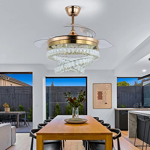 diisunbihuo 42" Gold LED Fandeliers with Lights Dimmable Crystal Ceiling Fan with Lights Individual 3 LED Color Change with Timi Memory Function