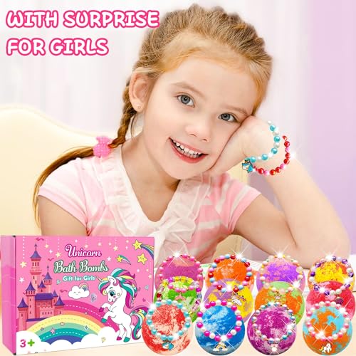 Unicorn Bath Bombs for Kids Girls 3 4 5 6 7 8 Years Old Birthday Gift for Girls Bath Bombs with Toys Surprise Jewelry Inside for Kids Toddler Girl Birthday Christmas Easter Present