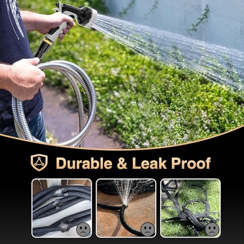 Garden Hose 50ft, Metal Water Hose with 10 Function Nozzle - Flexible Metal Garden Hose, Kink Free, Lightweight and Sturdy Water Hose, Metal Hose for Yard, 3/4" Fittings Metal Hose