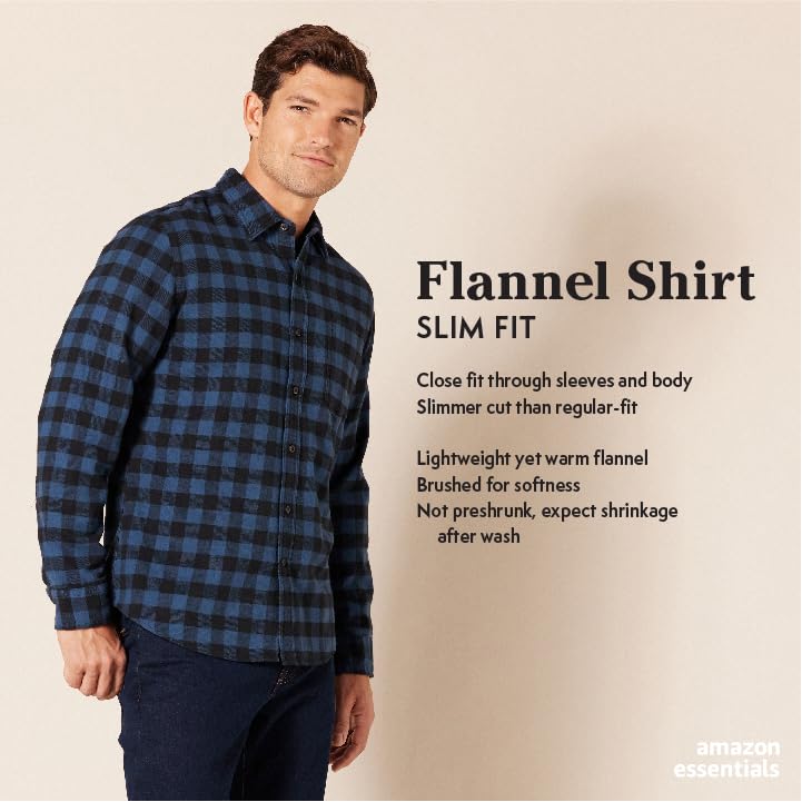 Amazon Essentials Men's Slim-Fit Long-Sleeve Button Down Plaid Flannel Shirt, Navy Red Plaid, Small