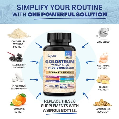 Bovine Colostrum Supplement Capsules, Grass Fed Cow Colostrum with 40% IgG, Probiotics, Elderberry, L-Glutamine, Astragalus, Vitamin C, Ginger, Zinc (60 Capsules)