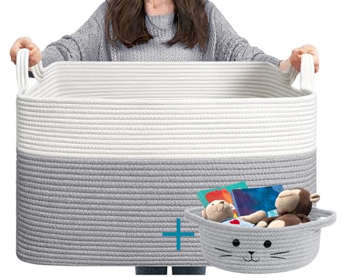 Goodpick Toy Basket, Large Basket Blanket Storage for Living Room, Baskets for Gifts Empty, Nursery Laundry Basket for Dirty Clothes Pillows Towel, 21.6" x 14.9" x 11.8", White & Grey