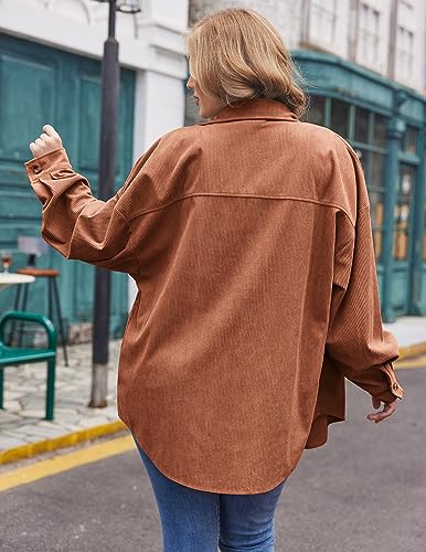 IN'VOLAND Plus Size Women Corduroy Button Up Shirts Shacket Long Sleeve Oversized Blouses Tops Casual Collared Jacket Purple