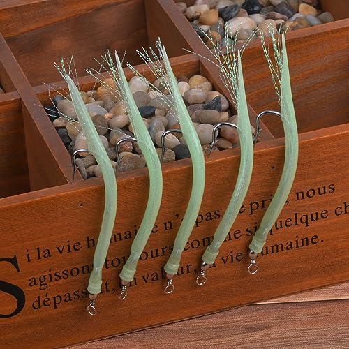 8 Packs Rubber Bass Tube Lures Cod Rig Teaser with Stainless Steel Hook Barrel Swivels Class Striped Bass Tube Lure Trolling Bass Cod Fishing EEL Hook Green 7/0