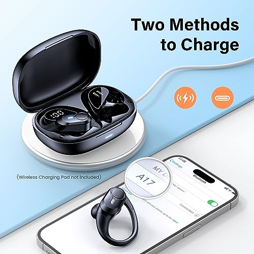 Wireless Earbuds Bluetooth Headphones 70hrs Playback Ear Buds IPX7 Waterproof Wireless Charging Case & Dual Power Display Over-Ear Stereo Bass Earphones with Earhooks for Sport/Workout/Running Blue