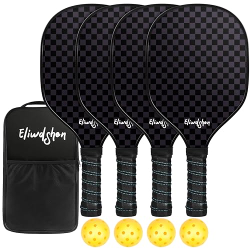 Eliwdshen Pickle Paddles Set of 4, Premium Wood Pickleball Paddles with 4-40 Holes Pickleball Balls and Carry Bag, Wood Pickle Rackets for Adults, Kids and Beginners (Black)