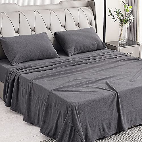 Nikazz Super Soft Fleece Sheet Set - Extra Plush Polar Fleece, No-Pilling Bed Sheets - All Season Cozy Warmth Flat Sheet, Fitted Sheet and 2 x Pillowcases, 4 Piece (Queen, Grey)