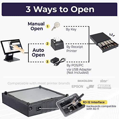 Volcora Cash Register Drawer for Point of Sale (POS) System with Removable Coin Slots, 5 Bill/6 Coin, 24V, RJ11/RJ12 Key-Lock, Media Slot, Black