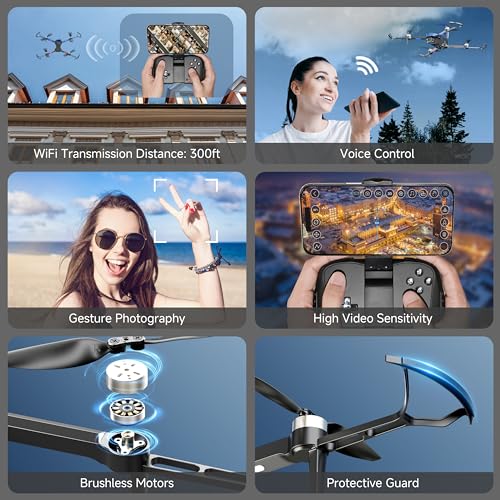 PLEGBLE Drones with Camera for Adults 4K Brushless Motor Drone for Kids Beginners, FPV Foldable RC Quadcopter with Propeller Guards, 2 Batteries, Voice Control, Gesture Photo, Gift Toys for Men Boys