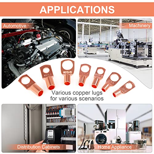 Copper Wire Lugs,Terminal Connectors,Used on AWG12 10 8 6 4 2 Cable,Heat Shrink Set,Bare Copper Eyelets,Ring Terminals Connectors,30Pcs Battery Cable Lugs Ends and 30Pcs Heat Shrink Tubing (60PCS)