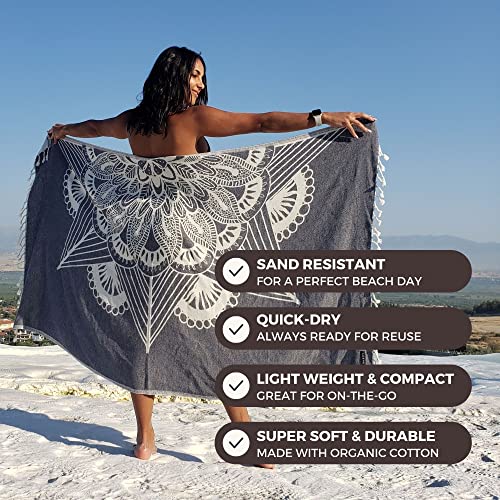 FESHKA Sand Free Turkish Beach Towel (37 x 67) Quick Dry Bath Towel, Oversized Beach Blanket, Lightweight for Travel - Made with 100% Organic Turkish Cotton - Wanderer (Black)
