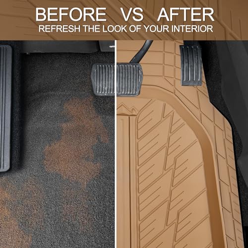 CAR PASS Tire Tread DeepDish Rubber Floor Mats for car Heavy Duty car mats All Weather, Universal XL~M Trim to Fit for Truck SUV Vehicle Automotive, Waterproof car mats 3 Piece Solid Beige