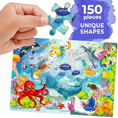 QUOKKA Floor Puzzles for Kids Ages 8-10 – 3X150 Piece Puzzles for Kids Ages 4-6 – Toy for Learning Ocean & Animals & Vehicles for 6-8 yo – Jigsaw Toddler Game for Boy and Girl Ages 3-5