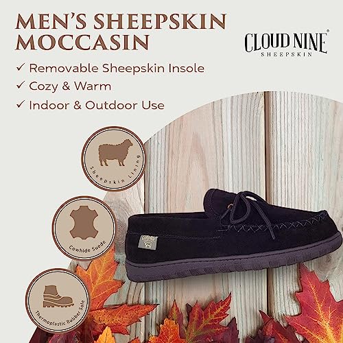 Cloud Nine Sheepskin Slippers Mens Moccasins Shoes - Sheepskin Lined Slip-on Indoor & Outdoor Moccasins for Men Black