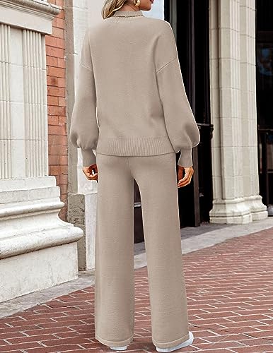 ZESICA Women's 2 Piece Outfits Sweater Set Long Sleeve Mock Neck Knit Pullover and Wide Leg Pants Lounge Sets Sweatsuit,Dim,Small