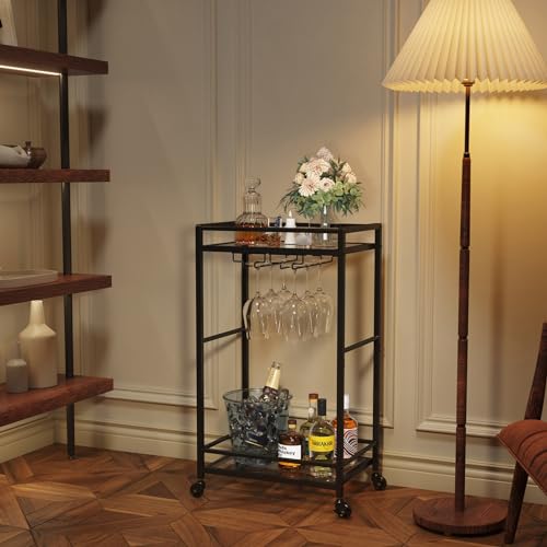 Lifewit Bar Cart Gold, Home Serving Bar Cart with Lockable Wheels, Wine Rolling Cart with 2 Tier Glass Shelves, Liquor Cart with Glass Holder, Beverage Cart for Kitchen Dining Living Room, Black