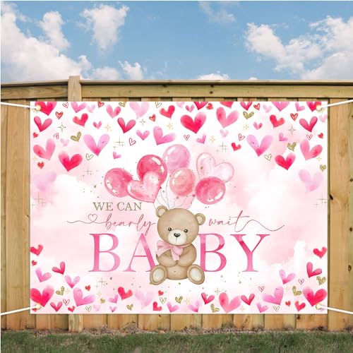 Avezano Bear Baby Shower Backdrop for Girl Pink Hearts Balloons Bear Theme Baby Shower Photo Background We Can Bearly Wait Baby Shower Party Decorations (7x5ft)