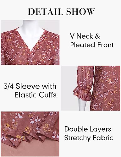 Youtalia Blouses for Women Fashion 2023,Ruffle 3/4 Sleeve Ladies Dressy Tops Elegant V Neck Tunic Shirts for Women Business Attire Work Clothes for Office Floral Flowy Peasant Tops Dreamy Violet M