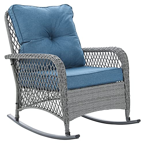 VONZOY Patio Furniture Set 3 Pieces, Wicker Rocking Bistro Set with Thick Cushions, Outdoor Rocker Chairs and Coffee Table for Porch, Backyard or Garden (Blue)
