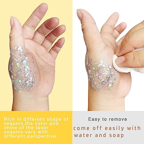 MEICOLY Light Blue Body Glitter,Mermaid Princess Face Glitter Gel,Ice Blue Glitter Face Paint for Halloween,Frozen Birthday Party Decorations,Chunky Glitter for Eye Lip Hair,Festival Rave Glitter Gel