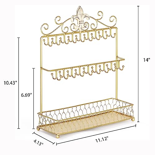 MOCOME Fleur-De-Lis Gold Jewelry Stand Necklace Holder Stand with 36 Hooks and Tray for Woman