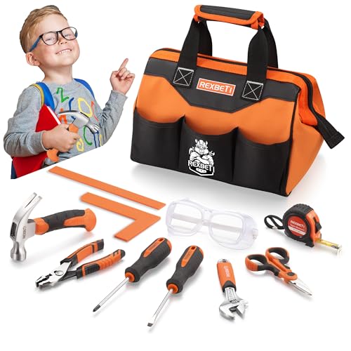 REXBETI 10-Piece Kids Tool Set with Real Hand Tools, Orange Durable Storage Bag, Children Learning Tool Kit for Home DIY and Woodworking, 6+ Year Old Birthday Gift