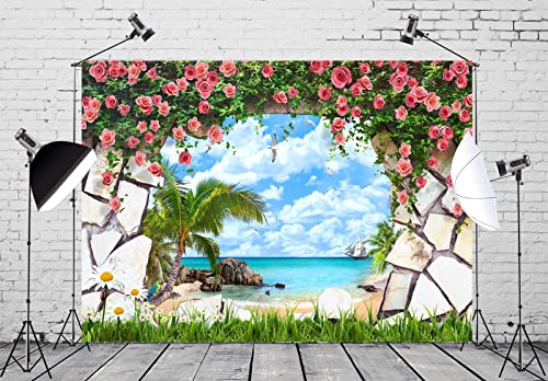 CORFOTO 7x5ft Fabric Window View of Tropical Beach Backdrop Pink Rose Flowers Stone Wall Scenery Palm Scenery Background Birthday Wedding Theme Party Decorations Photo Booth Studios Props Wallpaper