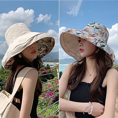 KORADI Women Sun Hats Packable Reversible Bucket Hat Boho Printed Hat Wide Brim Summer Beach Cap UV Sun Protection Beige