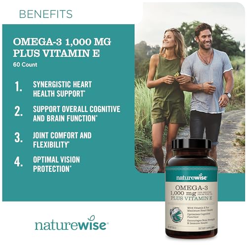 NatureWise Extra-Strength Omega 3 Fish Oil Supplement - 1000mg per Serving - 600 EPA & 400 DHA and Vitamin E - Support for Heart & Brain Health - Lemon Flavor, Non-GMO - 60 Softgels[1-Month Supply]