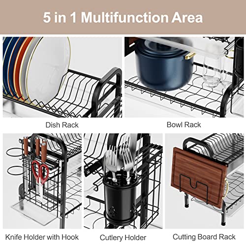 iSPECLE Dish Drying Rack - 2 Tier Dish Rack with Cup Holder, Dish Drainer with Automatic Drainage, Drainboard and Metal Utensil Holder Large Capacity for Small Kitchen Countertop Saving Space, Black