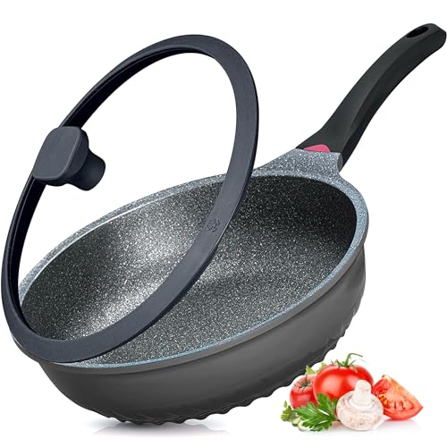 Vinchef Nonstick Skillet with Lid, 9.5In/3Qt Aluminum Saute Pan with Lid and Heat Indicator, German C3+ Non Sticking Coating- Induction Deep Frying Pan, Black