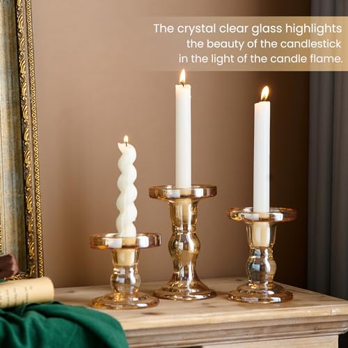 Glass Candlestick Holders for Pillar Candles Set of 3 Amber Taper Candle Holders for Table Centerpiece Candle Stands Decorative Candle Stick Holders for Wedding Party Dinner Holiday Decor Gifts