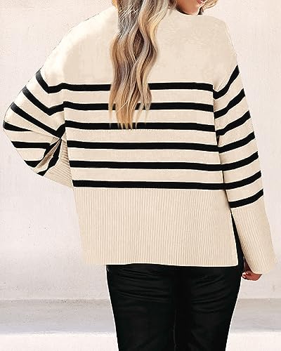 KIRUNDO Women's Striped Knit Oversized Fall Sweaters 2024 Trendy Clothes Crewneck Winter Pullover Sweater Side Split(White, Medium)