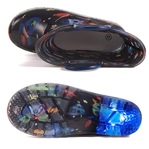 HugRain Toddler Boys Rain Boots Little Kids Baby child Light Up Waterproof Rubber Shoes Printed Mud Lightweight Adorable with Easy-On Handles Non Slip Sole Crane Excavator Blue Size 6
