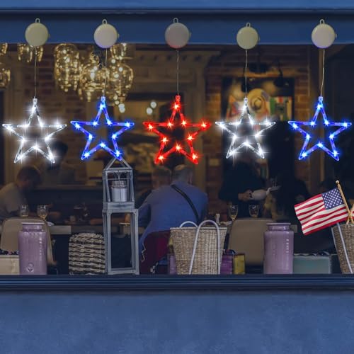 ZhenQiu 4th of July Window Lights 3 Pack Lighted Fourth of July Decorations with Suction Cups, Battery Operated Red White Blue Hanging Star Window Silhouette Lights for Independence Day Decor