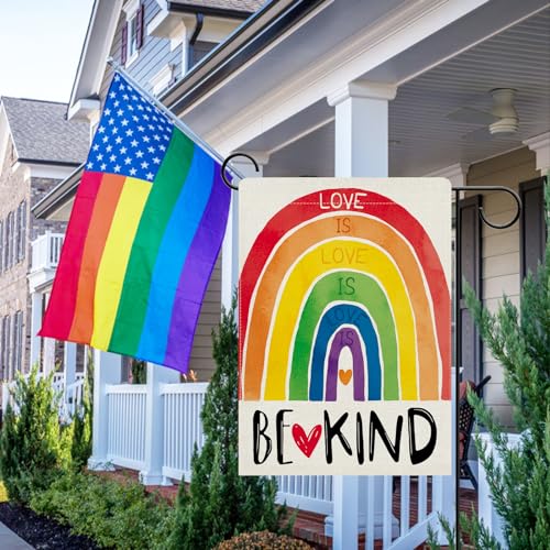 Dyrenson Love is Love Rainbow Decorative Garden Flag, Be Kind LGBTQ Gay Lesbian Heart Yard Outside Pride Month Home Decoration, LGBT Bisexual Pansexual Burlap Outdoor Small Decor Double Sided 12 x 18