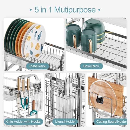 Swedecor Dish Drying Rack - 2 Tier Dish Rack with Drain Spout, Rust Resistant Dish Drainer with Cup Holder and Utensil Holder for Kitchen Countertop Small Saving Space, Black