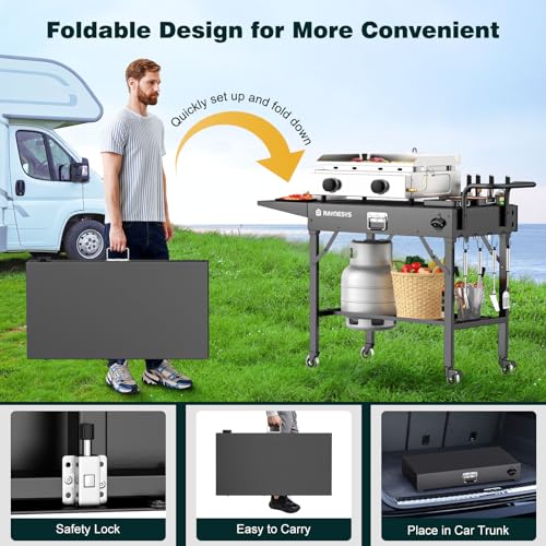 Outdoor Grill Table, Blackstone Griddle Stand, 440lbs Folding Grill Cart, Pizza Oven Table Stand for Onni,Food Prep Table with Wheels for Outdoor BBQ Camp Ninja Woodfire Grill Stand, 31" W x 17" D