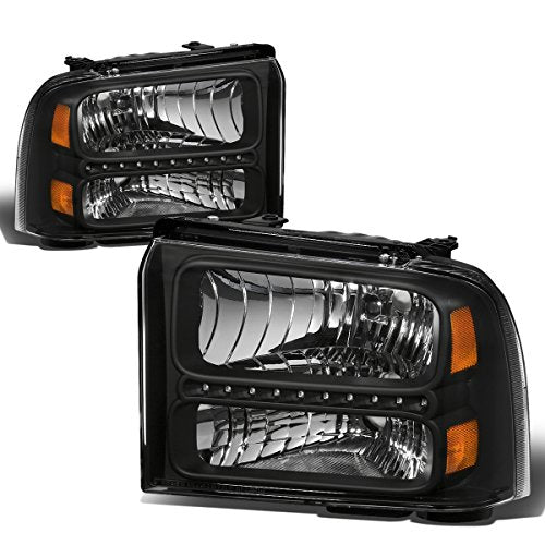 DNA MOTORING LED DRL Headlamps Headlight Assembly Compatible With 05-07 Ford F250-350 F450 F550SD, Black/Amber, HL-OH-FSD05-LED-BK-AM